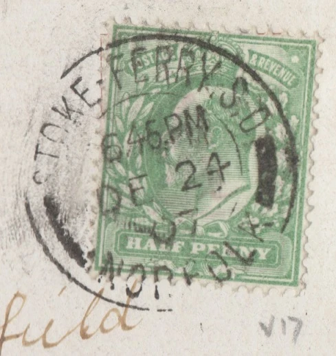 Postmark of Stoke-Ferry.S.O Norfolk double-ring handstamp with bars 1907